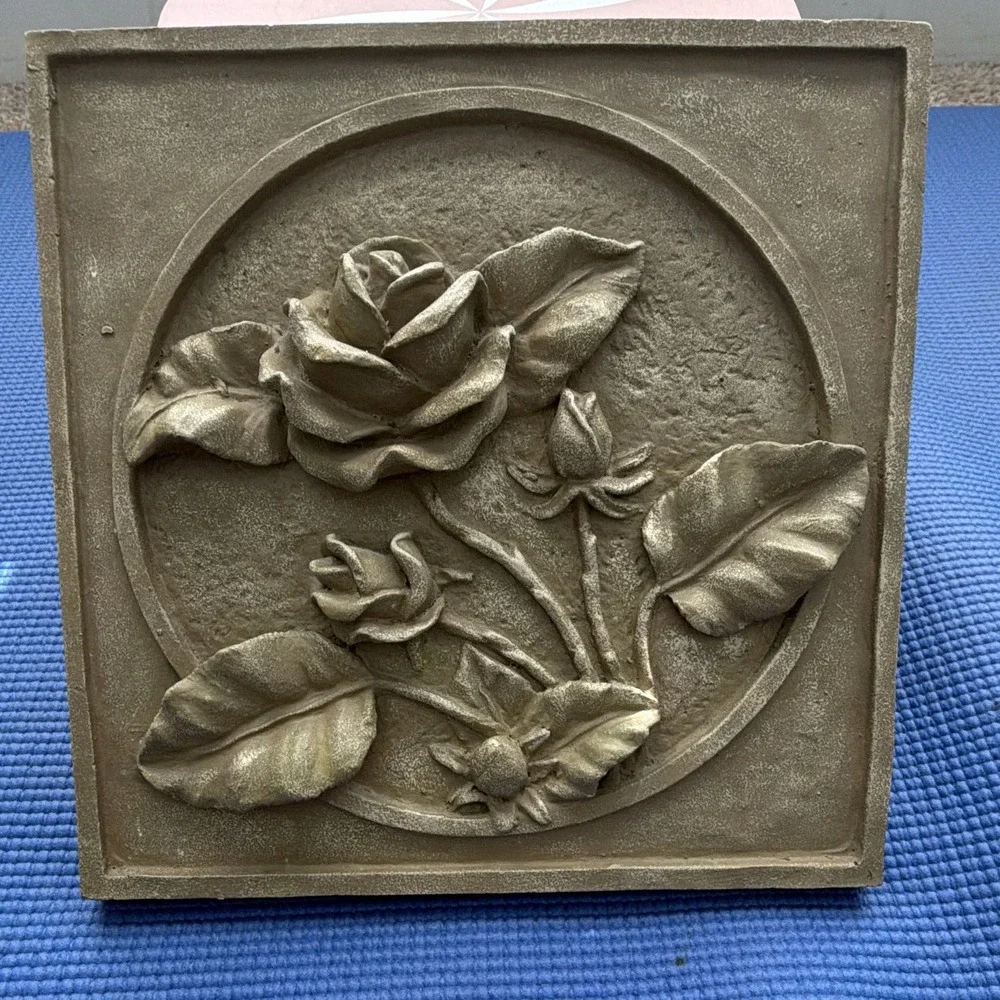 Beige Stone 3D Raised Rose Floral Relief Square Wall Plaque Hanging 9.5x9.5 in